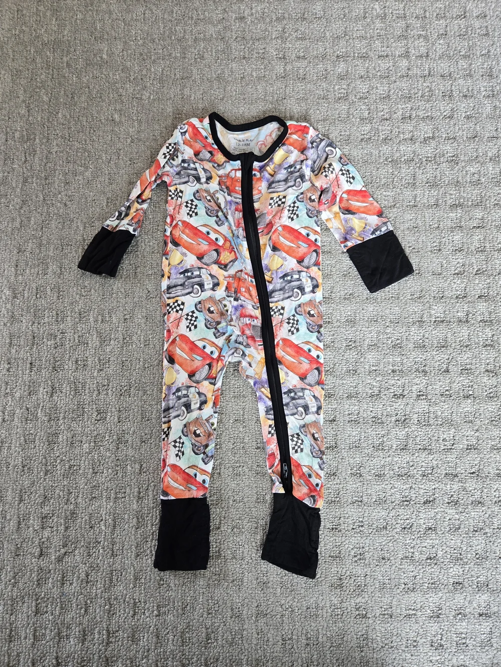 Cars-Print Red Toddler One-Piece Pajamas with Black Trim